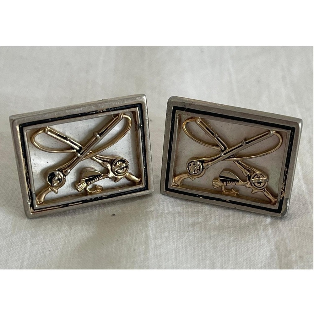 Vintage Swank Fly Fishing Cufflinks Mother of Pearl Silver Gold Tone Mens
